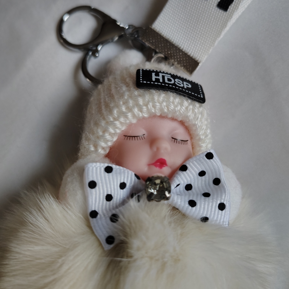 Cream Plush Sleeping Baby Keychain with Polka Dot Bow (New) - Picture 2 of 4